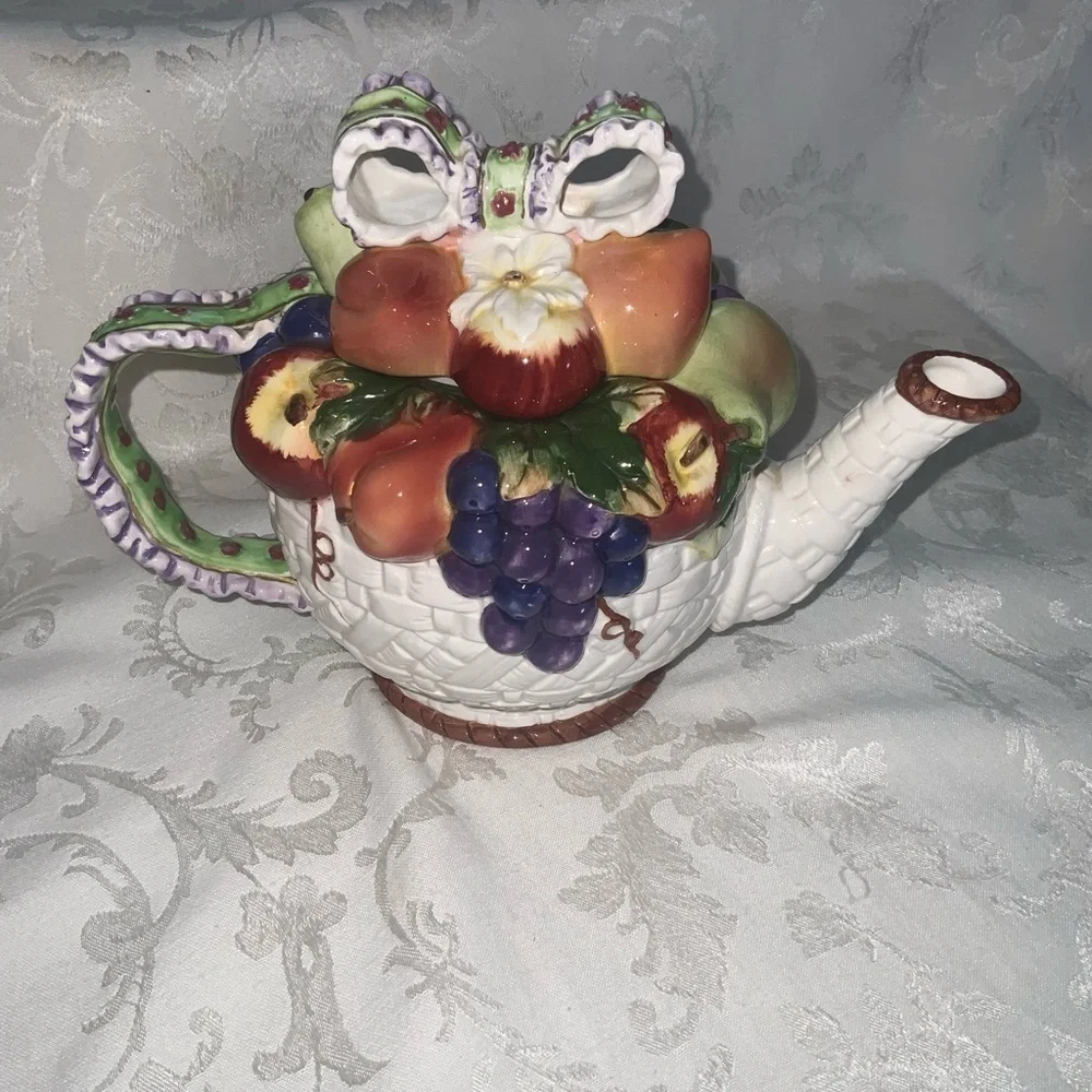 Tea For 3~Vintage 1970’s Colorful Fruit In A Basket~Ceramic Tea Pot & Three Cups